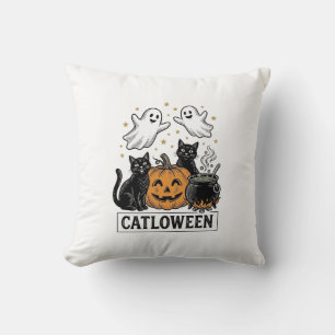 Catloween Vintage Ghost Cat Halloween Shirt Design Throw Pillow