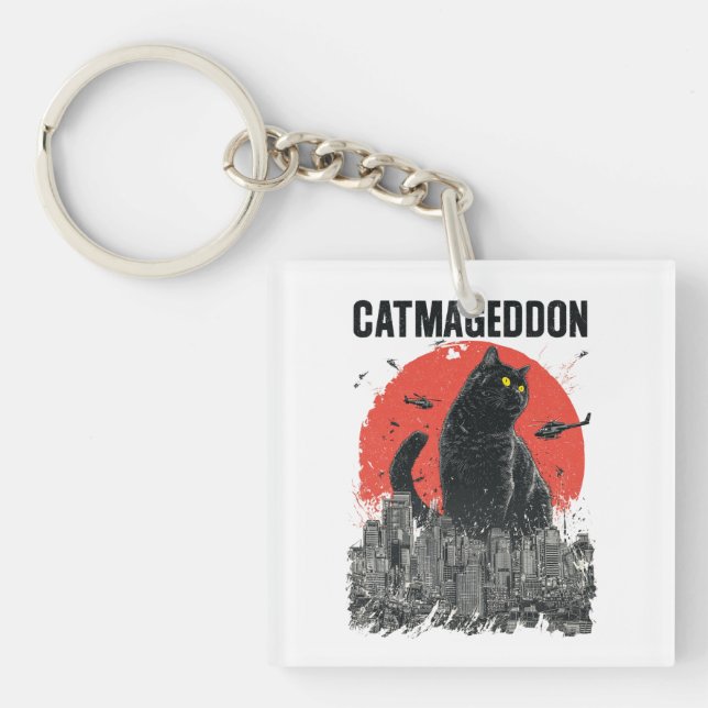 Catmageddon Giant Cat Monster City Kaiju Funny Pet Keychain (Front)