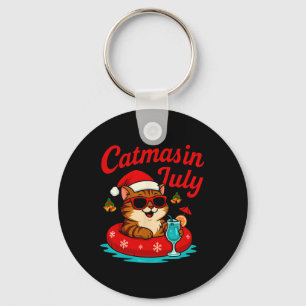 Catmas In July Cat And Santa Hat On Float Christma Keychain