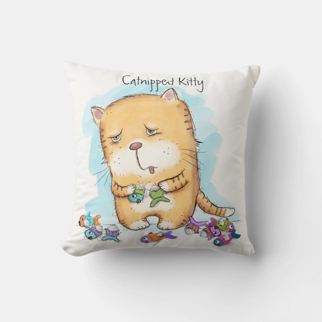 Catnipped Kitty Throw Pillow (Front)