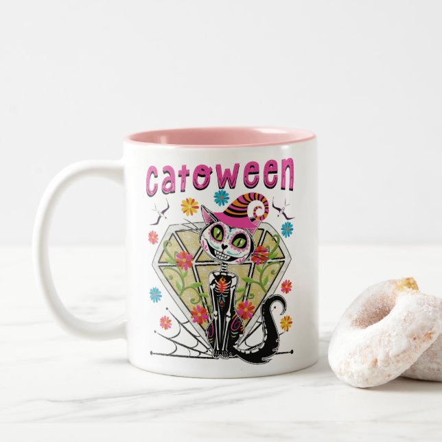 Catoween Halloween Two-Tone Coffee Mug (With Donut)