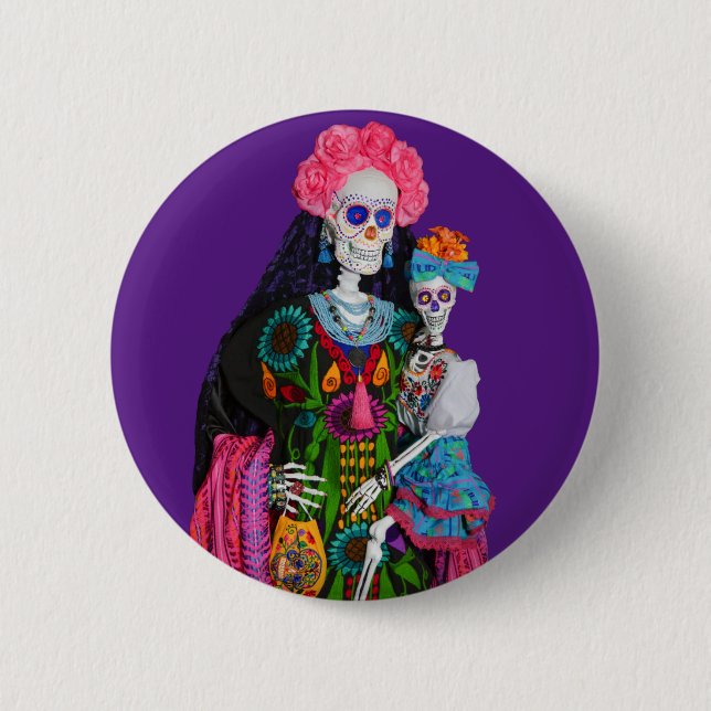 Catrina and Child Day of the Dead Sugar Skull 2 Inch Round Button (Front)