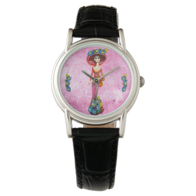 Catrina W/Red Dress & Blue Flowers On Pink Washed Watch (Front)