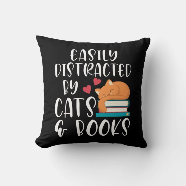 Cats and Books Lover Kitty addicted Bookworm Throw Pillow (Front)