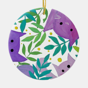Cats and branches - purple and green ceramic ornament