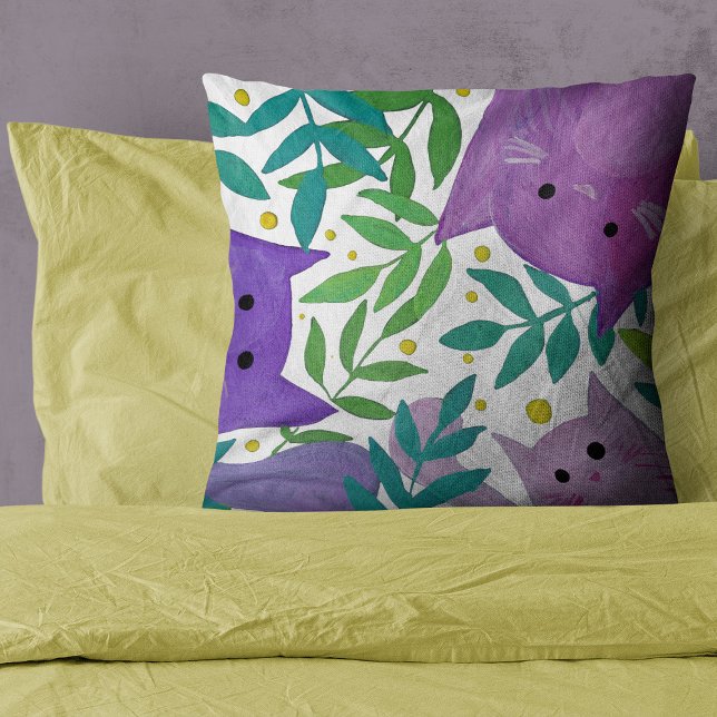 Cats and branches - purple and green throw pillow (Creator Uploaded)