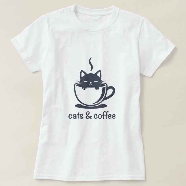 Cats and Coffee Noir Feline Coffee Cup T-Shirt (Design Front)