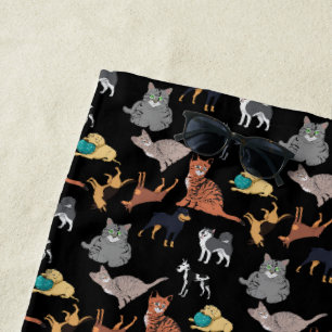 Cats And Dogs Pattern Design On Black  Beach Towel