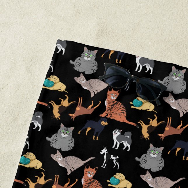 Cats And Dogs Pattern Design On Black  Beach Towel (In Situ)