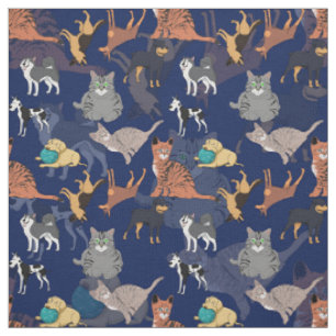 Cats And Dogs Pattern Design On Blue Fabric