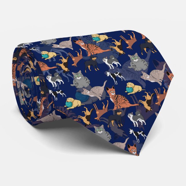 Cats And Dogs Pattern Design On Blue  Tie (Rolled)