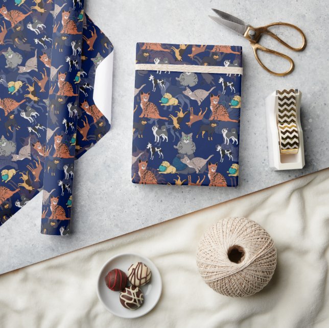 Cats And Dogs Pattern Design On Blue  Wrapping Paper (Crafts)