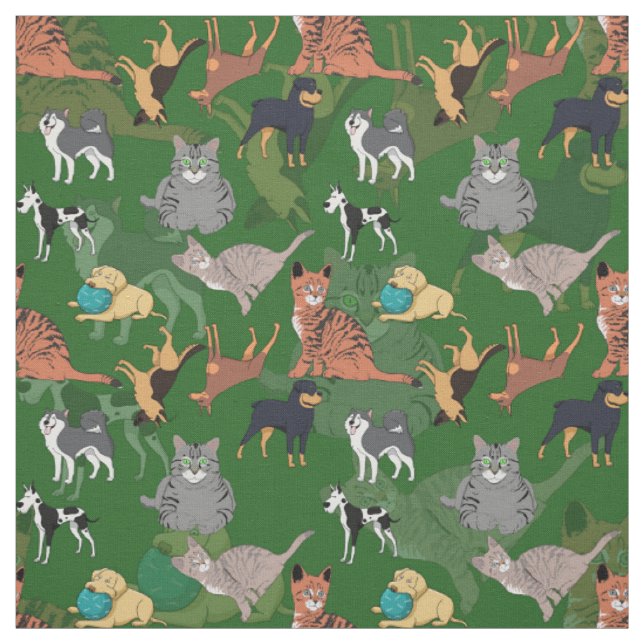 Cats And Dogs Pattern Design On Green  Fabric (Swatch)