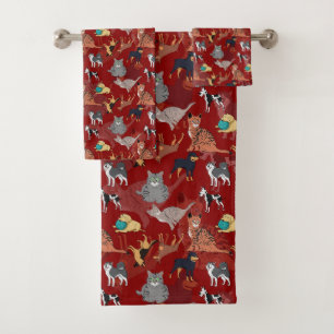 Cats And Dogs Pattern Design On Red Bath Towel Set