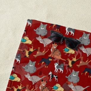 Cats And Dogs Pattern Design On Red Beach Towel