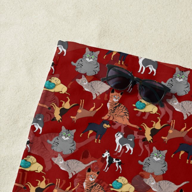 Cats And Dogs Pattern Design On Red Beach Towel (In Situ)
