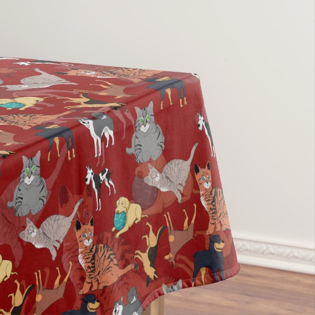 Cats And Dogs Pattern Design On Red Tablecloth (In Situ)
