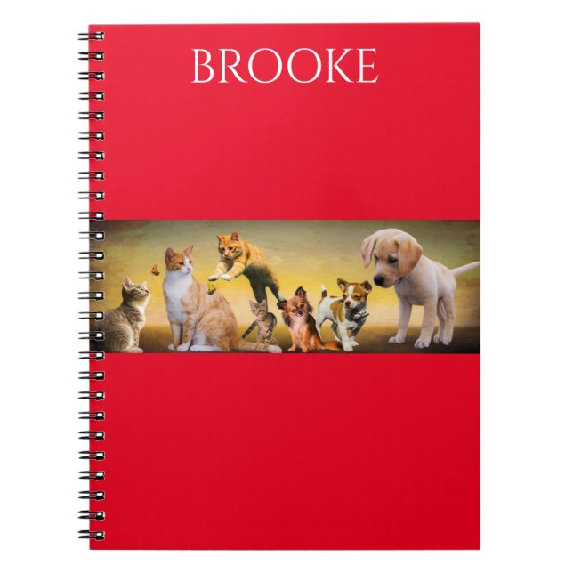 Cats and dogs spiral notebook with custom name. (Front)