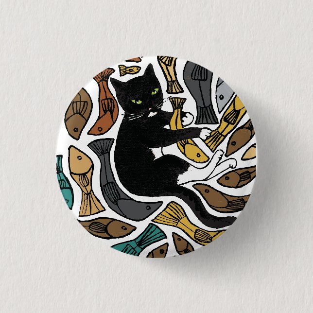 Cats and fish badge 1 inch round button (Front)