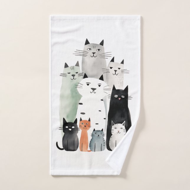 Cats and Friends Watercolor Gouache Illustration Bath Towel Set (Hand Towel)