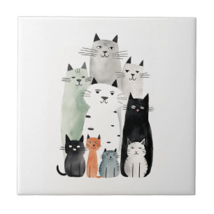 Cats and Friends Watercolor Gouache Illustration Tile