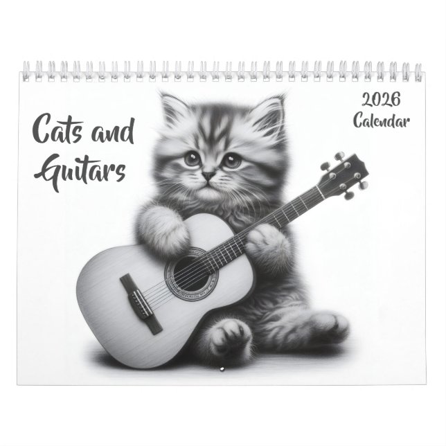 Cats and Guitars Black and White 2026 Calendar (Cover)