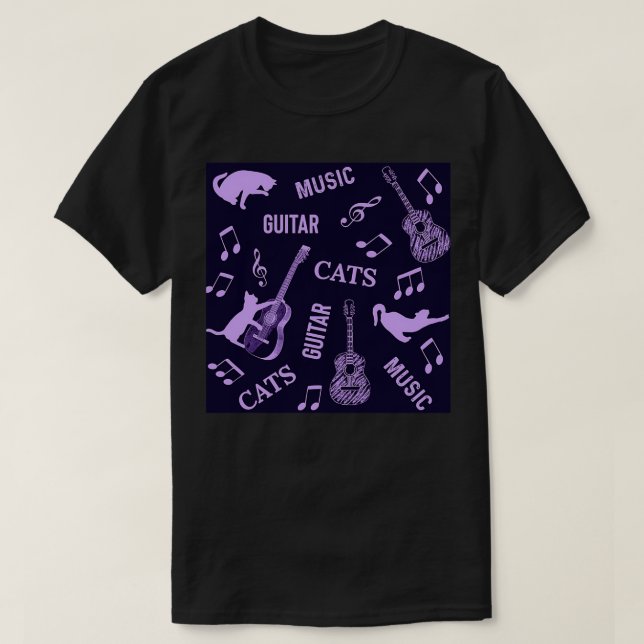 Cats and guitars purple pattern  T-Shirt (Design Front)