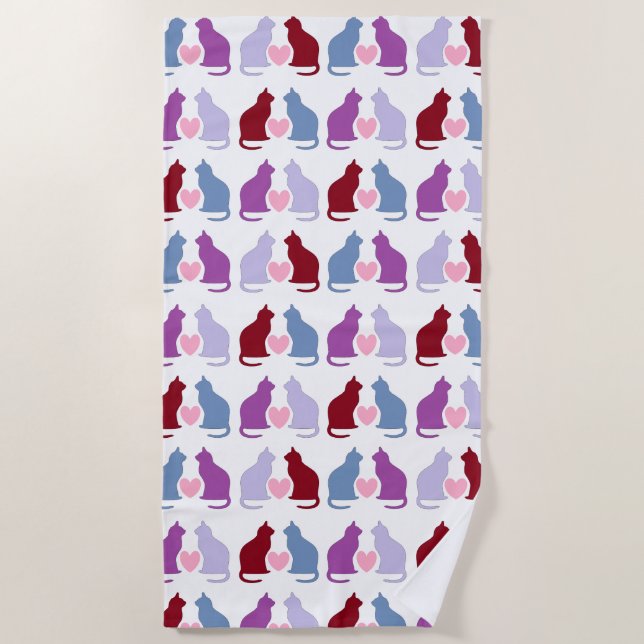 Cats and Hearts Cute Pattern Beach Towel (Front)