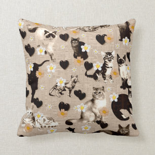 Cats and Hearts Throw Pillow