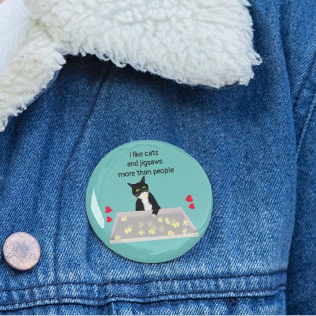 Cats and jigsaws more than people cat puzzle fan  2 inch round button (Creator Uploaded)