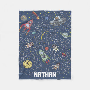 Cats and Rockets in Space Personalised Kids Fleece Blanket