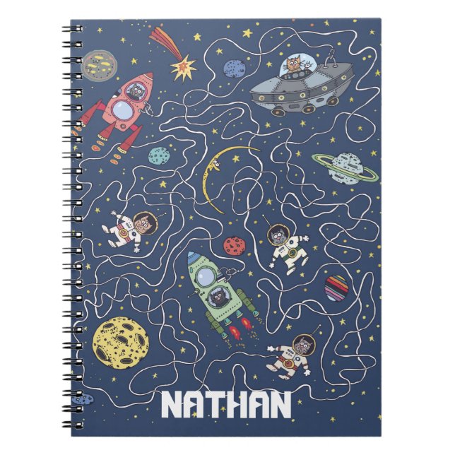 Cats and Rockets in Space Personalised Kids Notebook (Front)