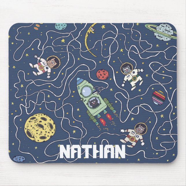 Cats and Rockets in Space Personalized Kids Mouse Pad (Front)