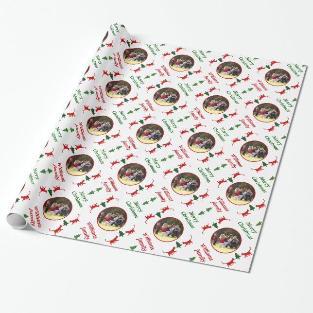 Cats and tree Christmas holiday personalized photo Wrapping Paper (Unrolled)