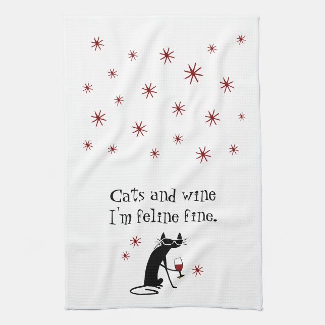 Cats and Wine Feline Fine Wine Pun with Cat Kitchen Towel (Vertical)