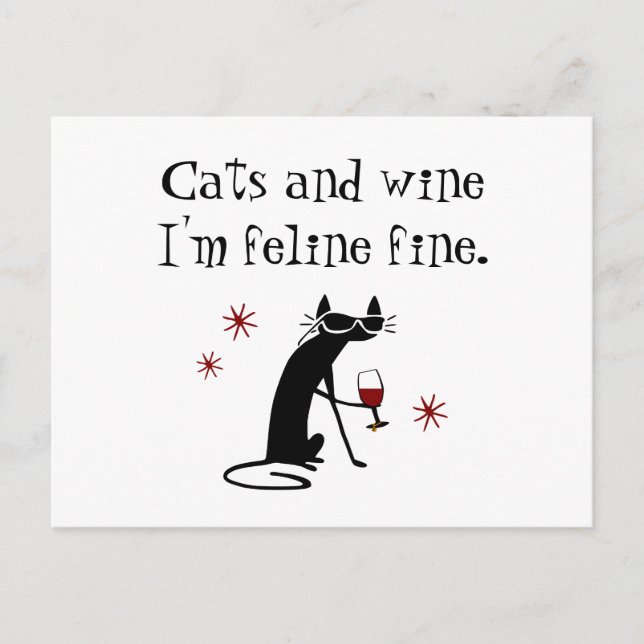 Cats and Wine Feline Fine Wine Pun with Cat Postcard (Front)