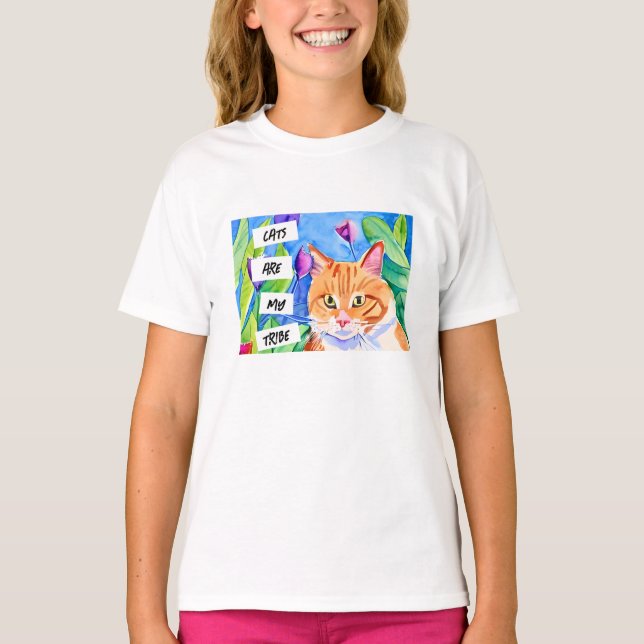 Cats are My Tribe | Orange Cat and Flowers T-Shirt (Front)