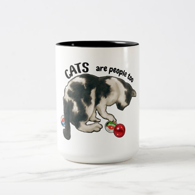 CATS are PEOPLE Too, Artwork of Cat and Marbles Two-Tone Coffee Mug (Center)