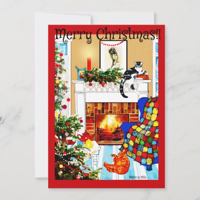 Cats around Cozy Hearth with Fire Christmas Card (Front)