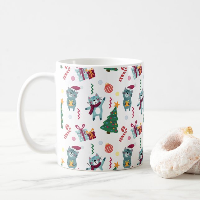 Cats At christmas Whimsical Pattern Coffee Mug (With Donut)
