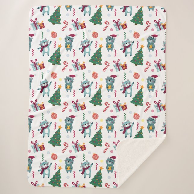 Cats At christmas Whimsical Pattern Sherpa Blanket (Front)