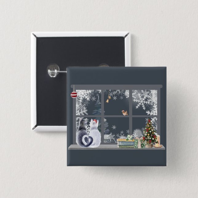 Cats at Christmas Window  2 Inch Square Button (Front & Back)