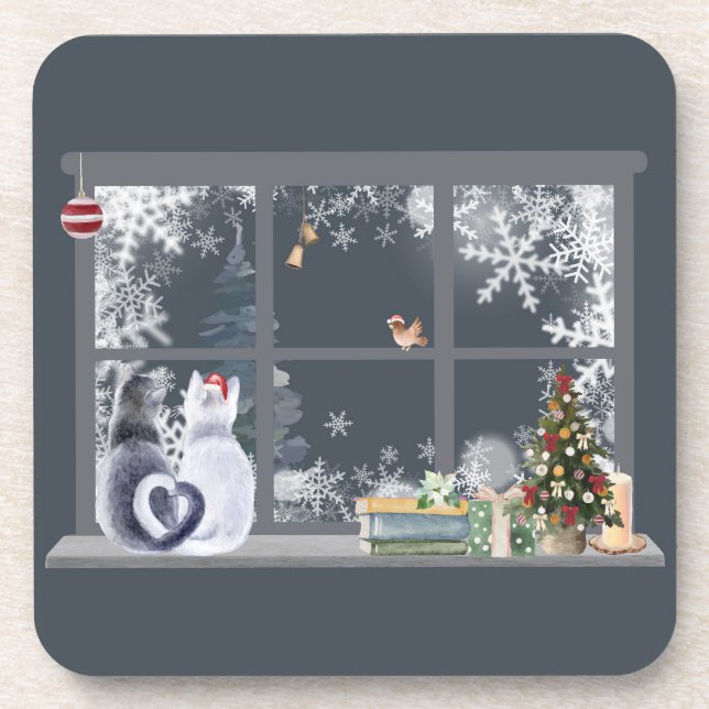 Cats at Christmas Window  Coaster (Front)