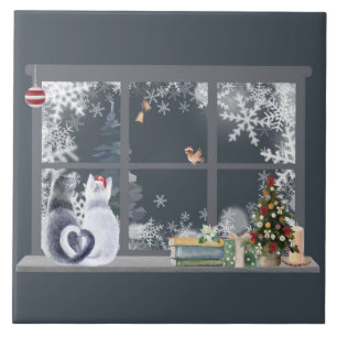 Cats at Christmas Window Tile