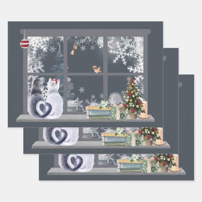 Cats at Christmas Window  Wrapping Paper Sheet (Set)