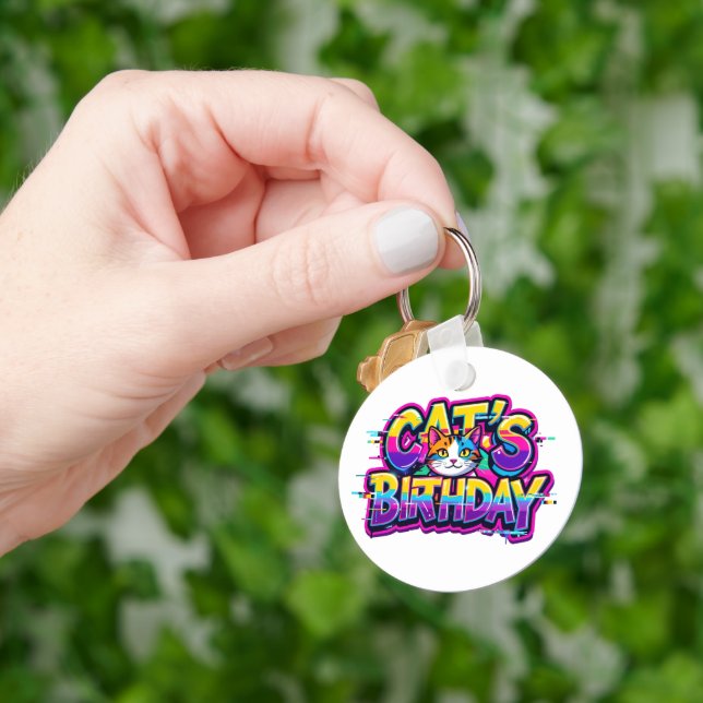 Cat's Birthday Rainbow Glitch Keychain (Hand)