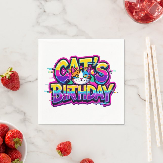 Cat's Birthday Rainbow Glitch Napkin (Insitu)