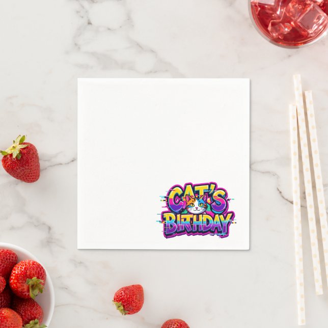 Cat's Birthday Rainbow Glitch Napkin (Insitu)