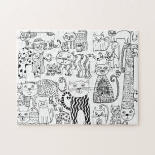 Cats Black and White Fun Hand Drawn Art Jigsaw Puzzle