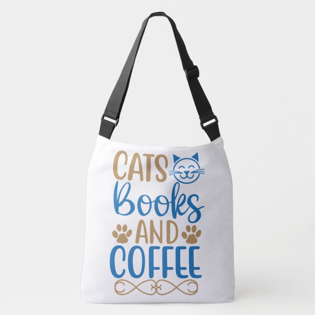 Cats, Books and Coffee Crossbody Tote (Front)